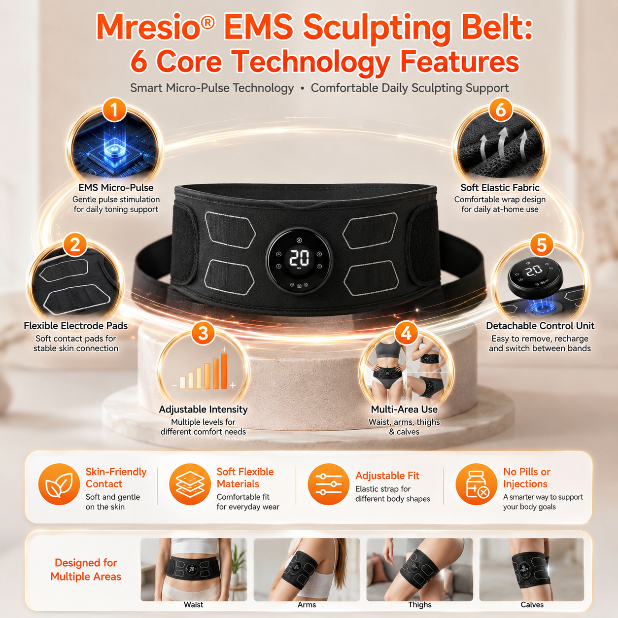 🥭Smart Micro-Pulse EMS Sculpting Belt – For Waist, Arms, Thighs & Calves