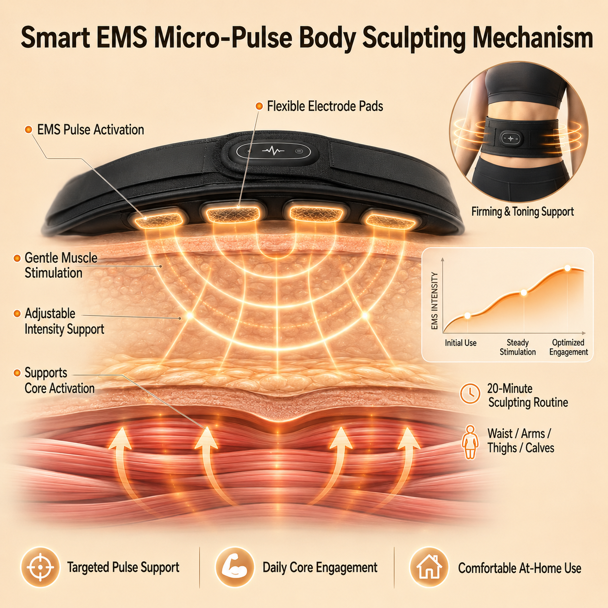 🥭Smart Micro-Pulse EMS Sculpting Belt – For Waist, Arms, Thighs & Calves